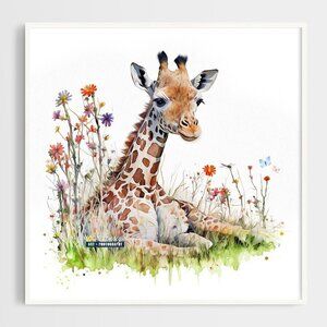 Baby Giraffe Resting Wildflowers Dragonfly Watercolor‎ Oil Painting Art Print